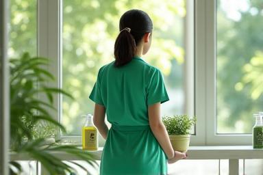 푸른 나무와 깨끗한 환경에서 친환경 청소를 하는 모습