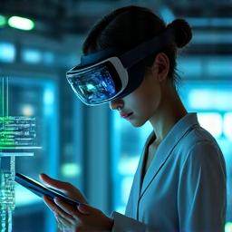 AR/VR 기술팀원이 첨단 장비를 사용하는 모습