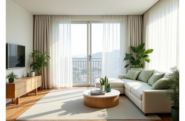 시카다클린 에어비앤비 청소 서비스로 깨끗하게 정돈된 고급 숙소 거실 전경. 밝은 채광 아래 깔끔한 인테리어와 정갈한 침구류, 5성급 호텔을 연상시키는 깨끗함이 돋보입니다.