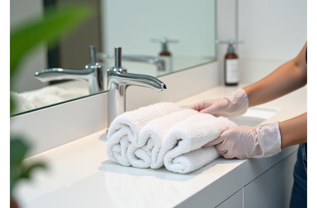 화이트톤의 깔끔한 욕실에서 전문 청소원이 미소를 지으며 비품을 정돈하는 모습. 깨끗한 수건 가지런히 놓여있고, 빛나는 세면대가 청결함을 강조합니다.