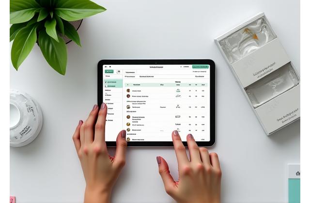 태블릿을 사용하여 숙소 어메니티 재고를 관리하는 깔끔하게 정돈된 손