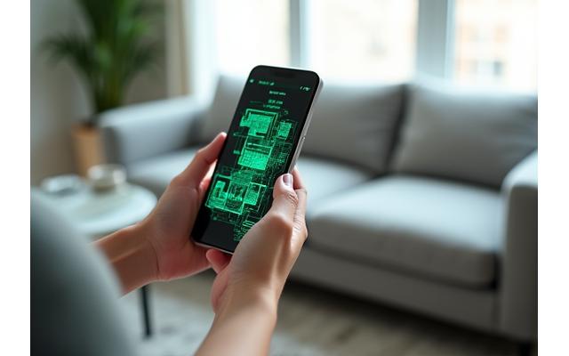 스마트폰으로 집안을 스캔하는 모습과 AR 오버레이로 청소 포인트를 보여주는 화면