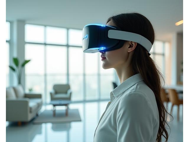 VR 헤드셋을 착용한 채 3D 공간 스캔 데이터를 보고 있는 사람과 홀로그램 UI