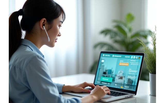 노트북 화면에서 AR 오버레이로 고객의 공간을 보며 상담하고 있는 청소 전문가의 모습