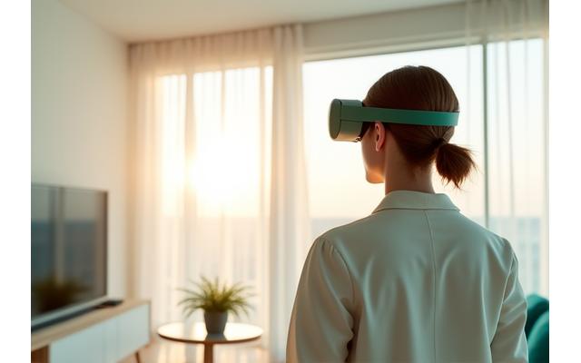 VR 헤드셋을 착용하고 깨끗하게 청소된 집안을 둘러보는 사람의 모습