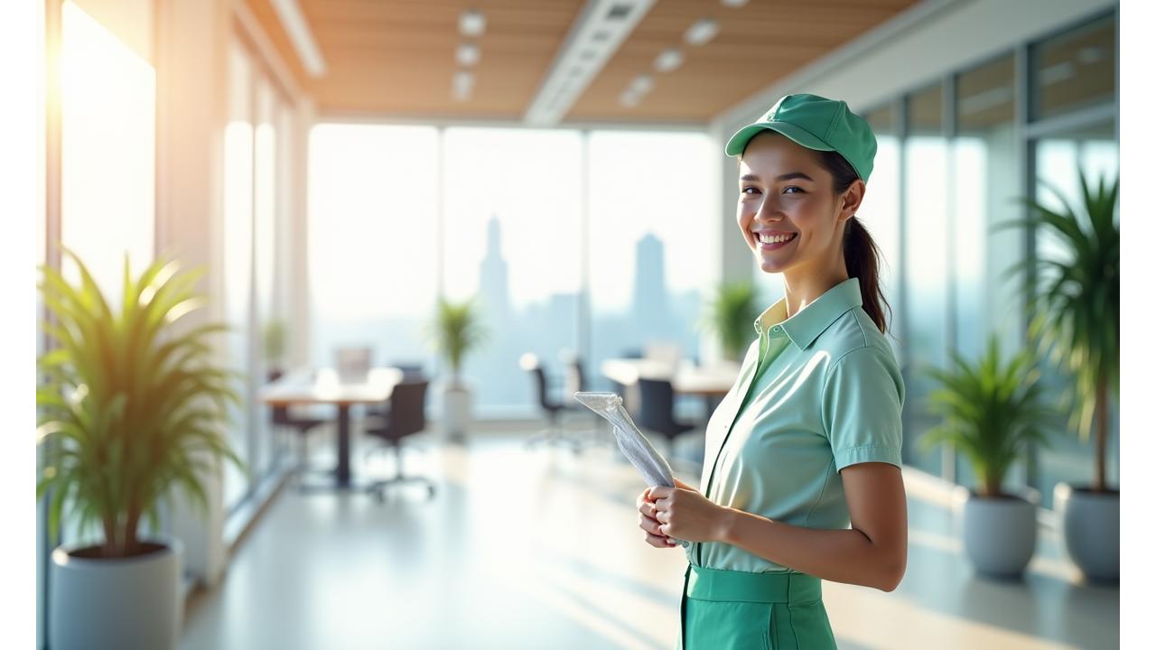 밝고 깨끗한 모던 사무실 공간에서 청소 전문가가 미소 짓고 있는 모습
