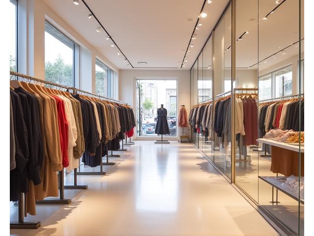진열 상품이 깔끔하게 정돈된 의류 매장 내부