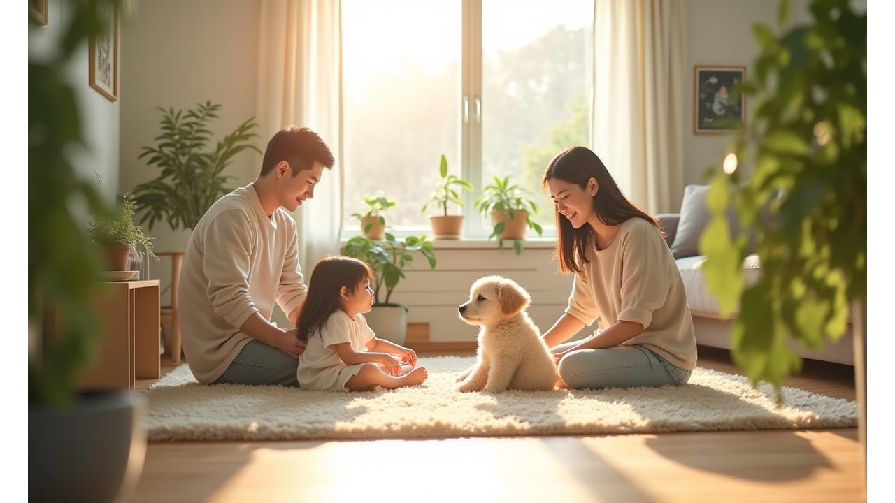 화학물질 없는 안전한 청소 환경에서 아이와 반려동물이 평화롭게 놀고 있는 모습