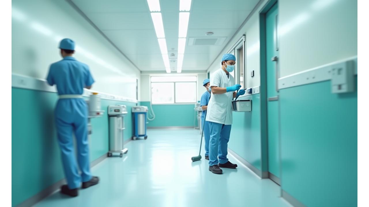 깨끗하고 현대적인 병원 복도에서 청소 전문가가 위생 관리를 하는 모습
