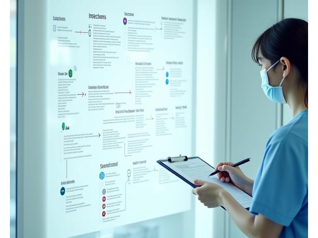 CDC 지침을 따르는 감염 관리 프로토콜 플로우차트와 청소 전문가의 모습