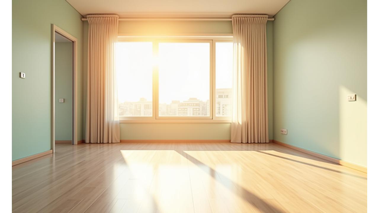 새로운 집의 거실이 깨끗하게 청소되어 햇살이 들어오는 모습